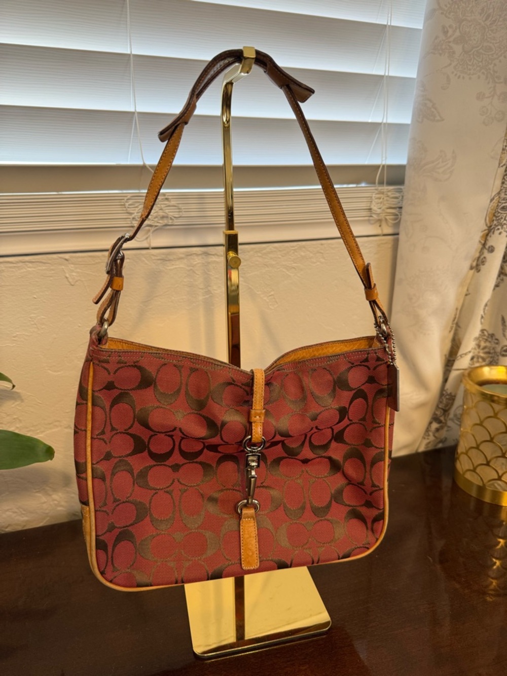 Coach Hampton Signature Clip Hobo Bag Khaki Brown Canvas Leather Y2K Vintage